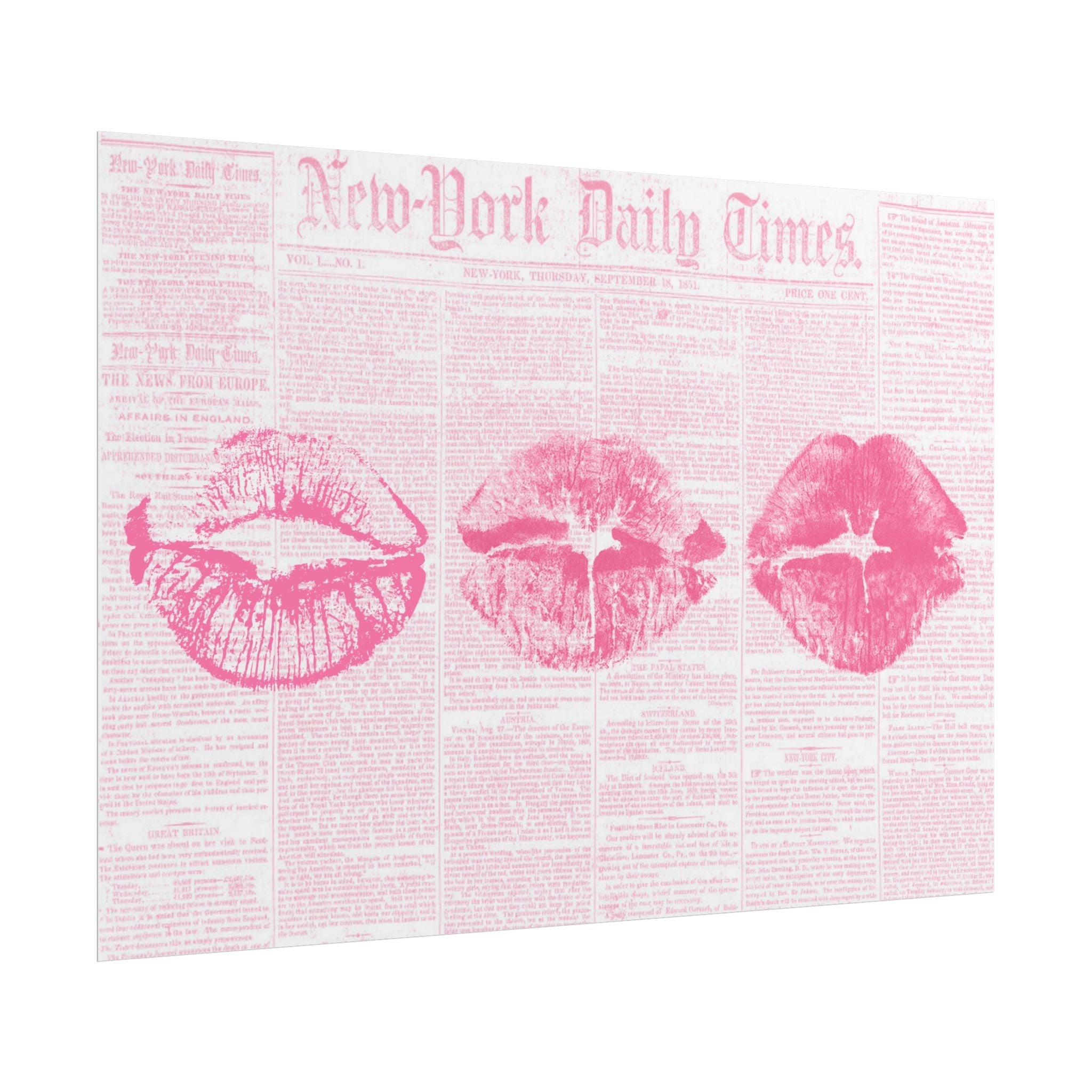 Pink Lip Print Poster on Vintage Newspaper — Rolled Wall Art
