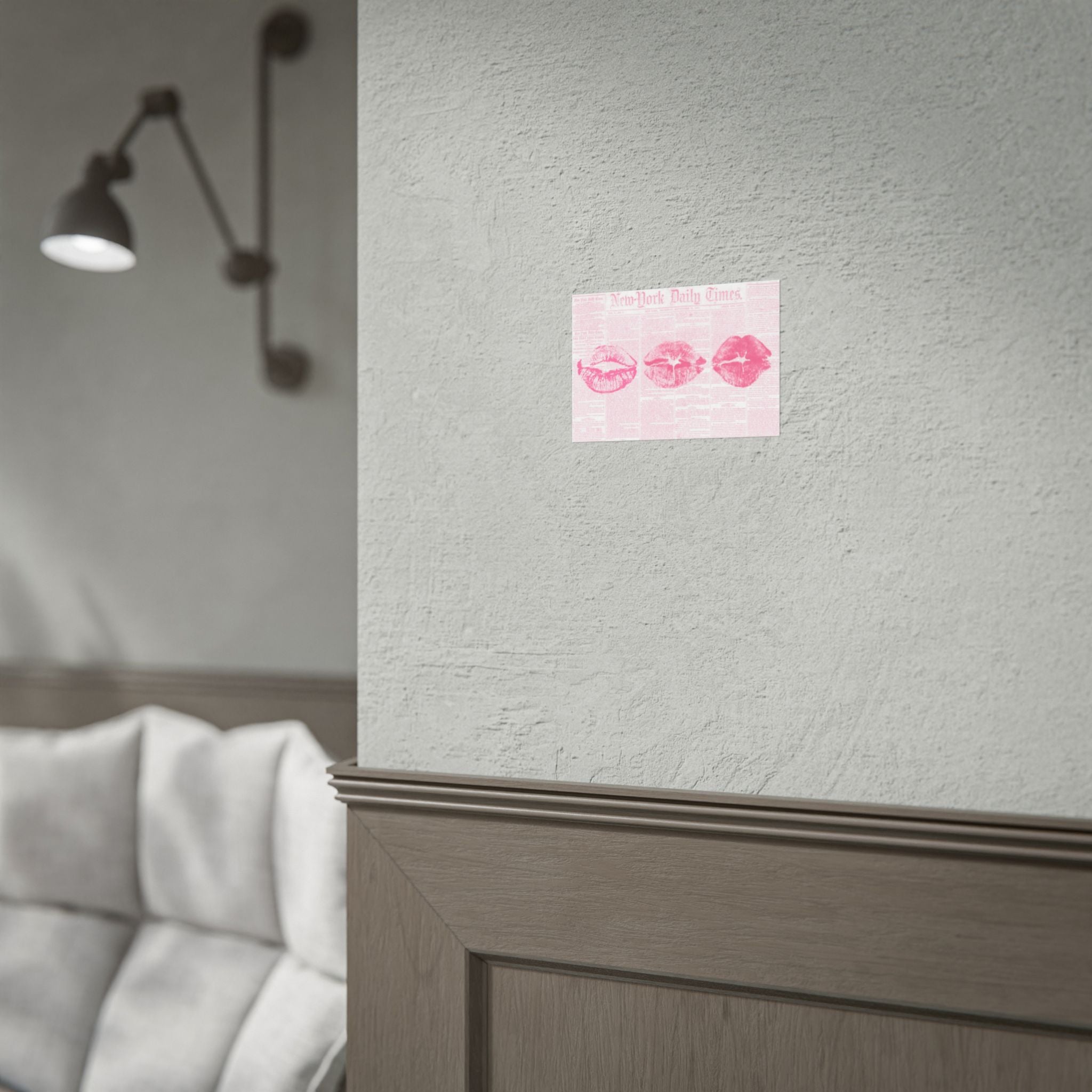 Pink Lip Print Poster on Vintage Newspaper — Rolled Wall Art