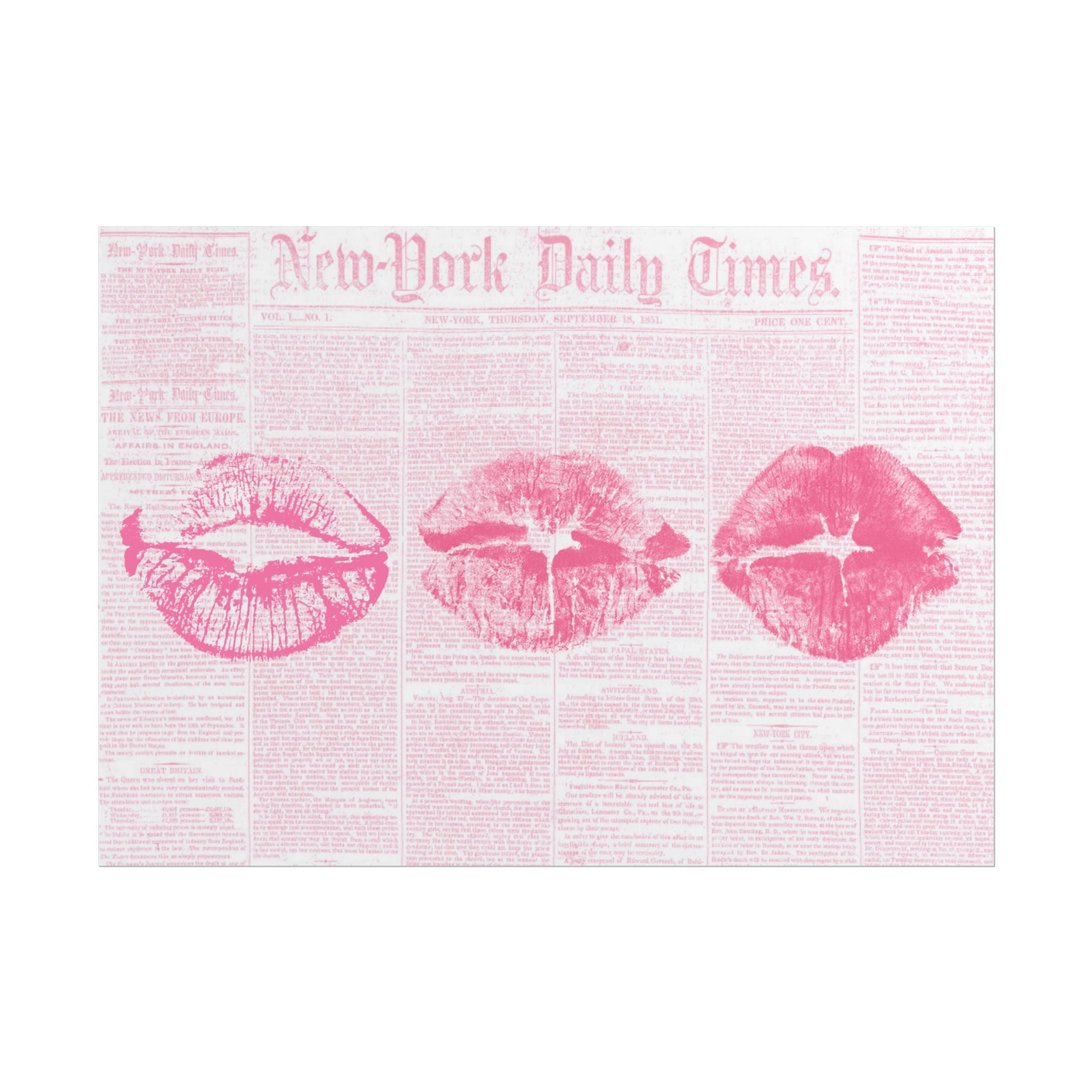 Pink Lip Print Poster on Vintage Newspaper — Rolled Wall Art